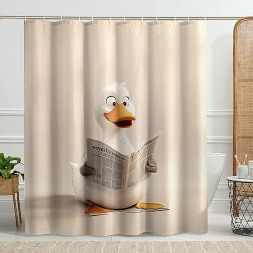 Cartoon-Enten-Duschvorhang, niedliche weiße Ente, lesende Zeitung, Duschvorhang für Badezimmer, Frühling, Sommer, modern, verspielt, wasserdicht, Stoff-Duschvorhang-Set mit Haken, 183 x 183 cm