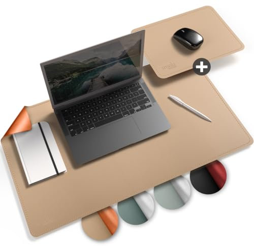 smøla Schreibtischunterlage aus PU-Leder I 60x35cm Abwischbar inkl. XXL Mauspad I Große Tischunterlage, Schreibunterlage – für Büro & Home-Office I Doppelseitig (Sand-Beige/Cognac)