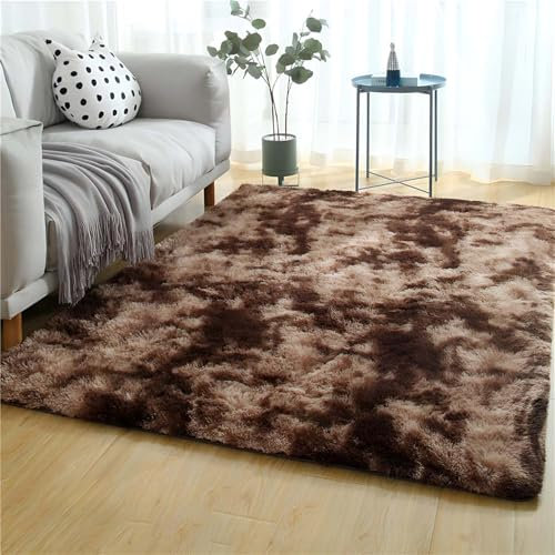 PTKG Teppich Schlafzimmer, Waschbar Anti-Rutsch Kinderzimmer Teppich, Moderne Langflor Flauschig für Wohnzimmer Kinderteppich MäDchen,Dunkelbraun,120cm×160cm