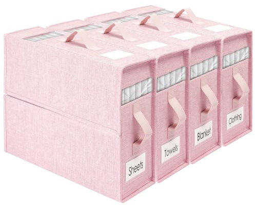 Novelfun 4 Stück Faltbares Bettwäsche Organizer, Leinen Unterbett Aufbewahrungsbox für Bettlaken Queen-Size oder King-Size Bettwäsche Decken Bettdecken - Rosa