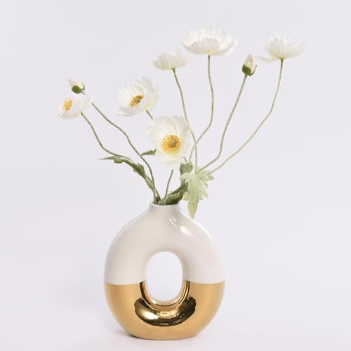 Weiße und goldene Vase, inspiriert von Kintsugi, japanischer Kunst, konisch, klassische Beutel, Blumenvase für Trockenblumen, Dekoration (Doughnut)
