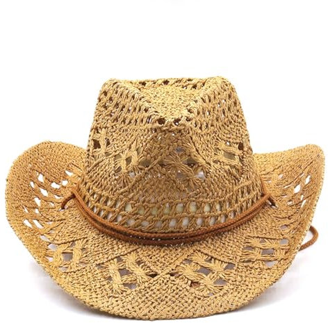 Cazqgoy Chapeau de cowboy vintage Western Straw - Chapeau de cowboy pour femme avec paille respirante avec sangle de menton - Large protection solaire, Couleur kaki, L