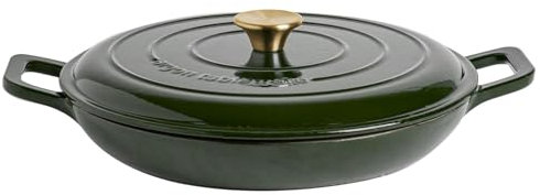 Argon Tableware 2.3L Shallow Cast Iron Casserole Dish with Self-Basting Lid - Green - 1x Induction Hob Cooking 2.43QT Dutch Oven Bread Baking Serving Roasting Stew Stock Pot Cookware Pan