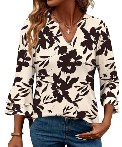 IEEILULU Chemisier Femme Chic et Élégant Manches 3/4 Col V Blouse Casual Couleur S-XL Amande M