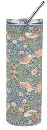 Purely Home Strawberry Thief Blue Glass Travel Flask - William Morris Artwork Gifts - Reusable Frosted Drinks Cup with Metal Straw (750ml)