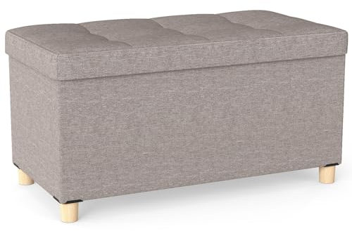 COSTWAY Folding Storage Ottoman, Linen Pouffe Footstool End of Bed Bench with Tray Lid, Solid Wood Legs Padded Footrest Toy Chest Box Vanity Stool Seat for Living Room Bedroom (Grey, 76x38x39cm)