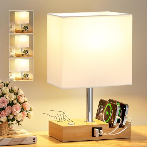 PreeOtti Bedside Lamps, Wooden Table Lamp for Living Room with USB A+C Charging Ports, Dimmable Touch Lamps Bedside with 2 Phone Slots, Wood Charger Organizer for Bedroom, Study, Office(Bulb Included)