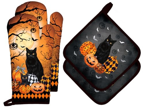 Arquiel Ofenhandschuh und Topflappen Halloween Schwarze Katze 4er Set, 100% Baumwolle Kochhandschuhe, Hitzebeständiger Küchenhandschuh Zum Kochen, Halloween Party Dekor Geschenke für Frauen