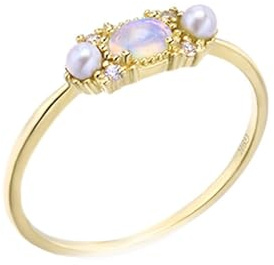 Ringe Damen Gold, Damenringe Dünner Ovaler Opal mit Zwei Perlen 14K Gelbgold Größe 60 (19.1)