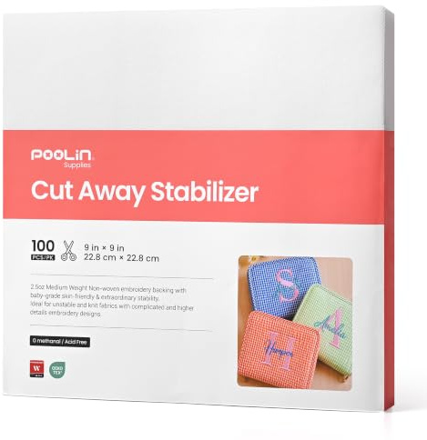 Poolin Stabilizzatore da taglio da 70,9 g, 22,9 x 22,9 cm, 100 fogli per cerchi 4 x 4 e 6 x 6 | Supporto permanente anti-arricciamento per maglieria, felpe, pile, abbigliamento per bambini e altri tessuti elastici