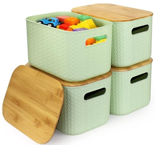 XJGQZ 4 Pack Plastic Storage Bins with Wooden Lids, Stackable Storage Containers with Lids, Storage Baskets for Organizing Desktop, Classroom and Office (Green)