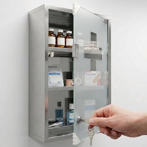 Suusolny Wand-Apothekerschrank aus Edelstahl, 50cm Höhe 3 Fächer mit Glastür, abschließbar mit 2 Schlüsseln, Haus Erste Hilfe Schrank Silber