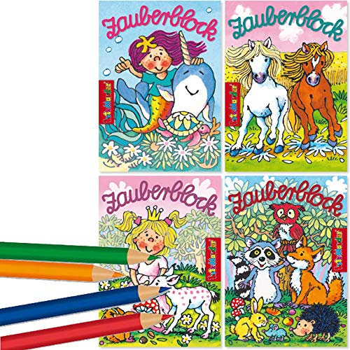 Lutz Mauder 4X Zauberblöckchen * MÄDCHEN mit SÜSSE Tiere * in DIN A7 als Mitgebsel für Kindergeburtstag | Party Zauberblock Pferde Waldtiere Meerjungfrau Prinzessin