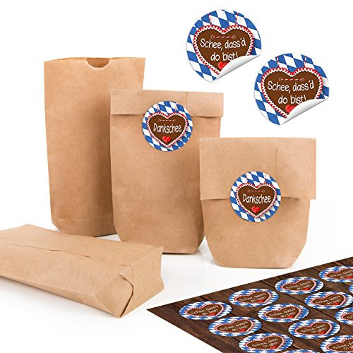 Logbuch-Verlag 24 kleine Papiertüten 9 x 15 x 3,5 - mini Geschenktüten + bayerische Sprüche Aufkleber - Oktoberfest Wiesn Party Deko Give-Away