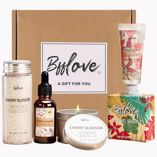 Coffret Cadeau Femme avec Fleur de Cerisier, 5Pcs Coffrets Cadeaux Bain , Sel de Bain, Crème pour Les Mains, Solide Sakura, Cadeau de Fête des Mères, Cadeau d'anniversaire