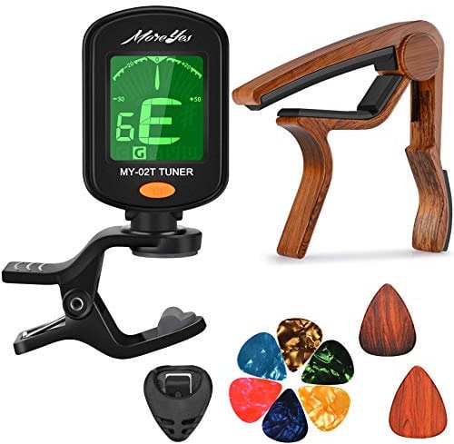 MOREYES Kapodaster für Akustikgitarre, Ukulele, E-Gitarre, Bass mit holzfarbenen Gitarrenplektren Tuner Kapodaster
