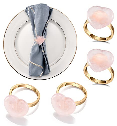 Mangsen Rosenquarz Serviettenringe Set mit 4 natürlichen Kristallsteinen in Herzform Serviettenringe Halter für Liebhaber, Hochzeit, Valentinstag, Abendessen, Tischdekoration