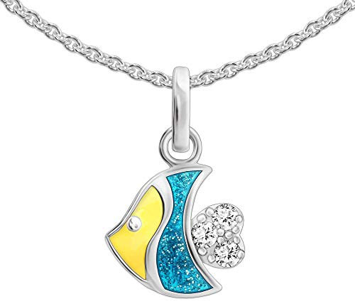 CLEVER SCHMUCK Tropenfisch Kinder Halskette Fisch 8 x 9 mm gelb bunt lackiert Glitzerflosse 925 Sterling Silber im Schmucketui creme