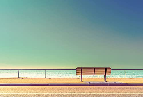 Fototapete Strand Meer Straße Bank Schlafzimmer Wohnzimmer | 3,84 m x 2,6 m | Lila, Beige/Creme, Gelb, Türkis, Blau