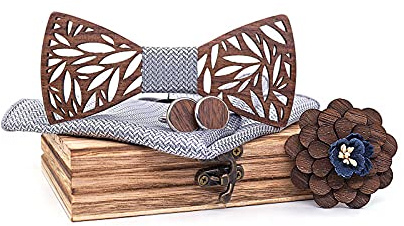 Mr.Van Holzfliege Set Fliege Herren Holzfliege, Holzmanschettenknöpfe, Holzbrosche, Einstecktuch für Hochzeiten, Aufführungen, Abschlussball, Partei und sogar tägliche Gebrauch