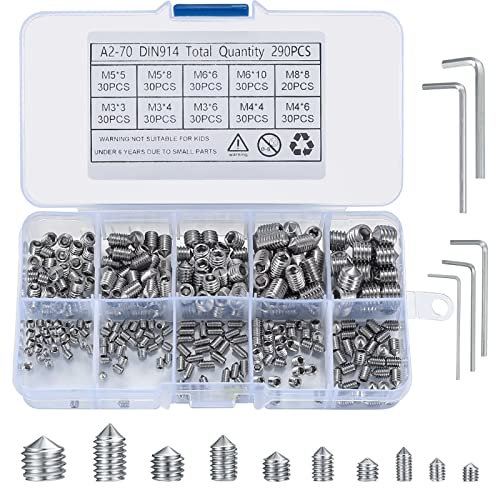 290 Stk Kegel Kugelkopf Schrauben, M3/M4/M5/M6/M8 Innensechskantschrauben Set, Edelstahl Madenschrauben Gewindestange Schrauben mit Innensechskant für Türgriffe, mit 5 Stk. Sechskantschlüsseln