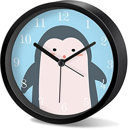 EXQULEG Kind Wecker,Kein Ticking Wecker Cartoon Niedlich Kinderwecker Rund Digital Alarm Clock für Mädchen Jungen Schulanfänger Schreibtisch Schlafzimmer Tischuhr (Schwarzer Pinguin,Runde Form)