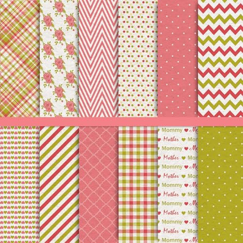 Whaline 12 Designs Muttertags-Musterpapier-Packung, 24 Blatt, Blumenmuster, gestreift, kariert, Scrapbook, Spezialpapier, doppelseitig, dekoratives Bastelpapier für Kartenherstellung, Dekor, 30x30 cm