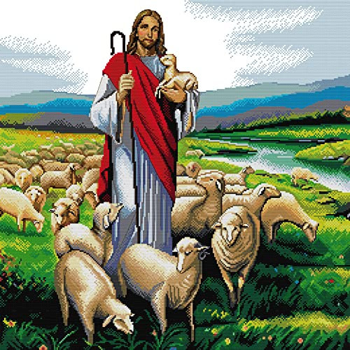 Awesocrafts Kreuzstich Stickpackungen Vorgedruckt Jesus-Schäferhund Bilder Vorlagen Sticken Set Vorgedruckt 14CT 2 Stränge