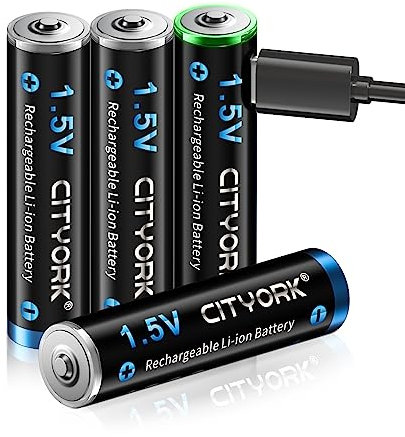CITYORK Batterie ricaricabili agli ioni di litio AAA, 1,5 V AAA ricaricabili, 1200 mWh con ricarica USB (confezione da 4)
