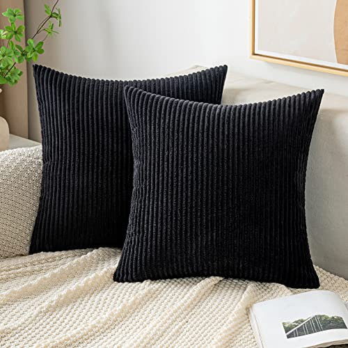 EMEMA Kissenbezug 45x45 cm Kordsamt Kissenbezüge Dekokissen Sofakissen Cord Kissenhülle Zierkissenbezug Kord Dekorative Weiche für Sofa Wohnzimmer Schlafzimmer 2er Set Schwarz