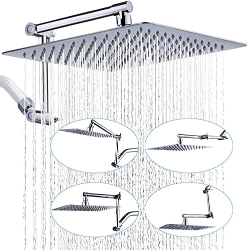 G-Promise All Metal 12 inch Rain Shower Head with 15 Inch Adjustable Extension Arm, High Pressure Rainfall Showerhead, Luxury Modern Look Square Large Waterfall (Chrome)