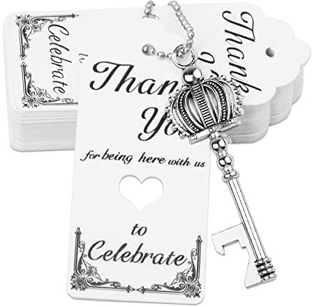 Aokbean 100 Stück Hochzeit Schlüssel Flaschenöffner Vintage Krone Geformt Party / Taufe Andenken Set Geeignet als Geschenk für die Gäste mit Dankeskarte und Kette (Antikes Silber)
