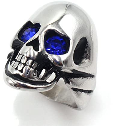 Whoiy Totenkopf Ring, Eheringe Modern Edelstahl Runde Form Polierter Totenkopfring mit Blauem Zirkonia 30mm Größe 62 (19.7) Zum Valentinstag Jahrestag