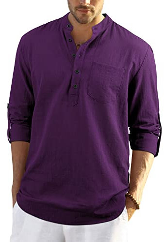 Enlision Mens Purple Cotton Linen Shirts Long Sleeve Shirt Button Down Henley Shirts Lightweight Casual Plain Tops for Men 4XL