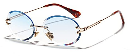 kachawoo Ovale randlose Sonnenbrille Kleine Mode Sonnenbrille für Frauen Mädchen Rahmenlose Runde Brillen mit Metall Gold Beine (blue lens)
