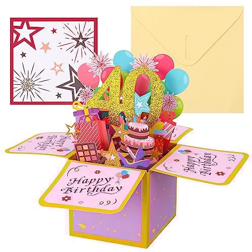 Firtink 40.Geburtstagskarte, 3D Pop Up Karte Grußkarten Glückwünsche mit Umschlag für Kinder Mama Frauen Männer Romantik Geschenk-Karte zum 40. Geburtstag