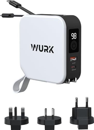 Wurk 5-in-1 PowerPack – Powerbank – kabelloses Ladegerät – Reisestecker – 10.000 mAh – schnelles Aufladen – integriertes USB-C- und L-Kabel [Weiß]
