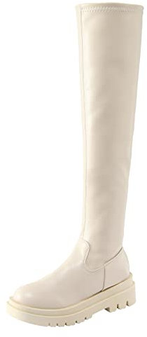Damen Overknees Stiefel Jack Lammfell, einfarbiges, seitlicher Reißverschluss, dicker Boden, dehnbare Overknee-Stiefel Damen Schuhe Sommer (Beige, 41)