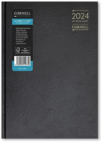 Cornell Terminkalender 2024, A4, Wochenansicht mit Terminen, stündliche Apps, 8 bis 18 Uhr, Ledermaserung, Schwarz, Kunstleder