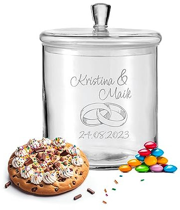 LALALO Leonardo Keksdose mit Gravur als Hochzeit Geschenk, Keksglas/Bonbonglas personalisiert als Hochzeitsgeschenk, Vorratsdose für Paare zum Hochzeitstag als Geldgeschenk (Ringtraum)