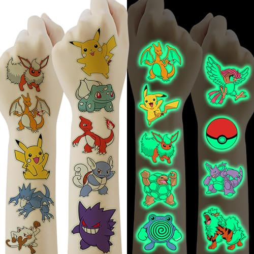 Tattoo Kinder,12 Blätter Kindertattoos Hautfreundliche,leuchttattoos kinder Pocket Monster,Wasserdicht Tattoo Kinder Jungen Mädchen,Mitgebsel Kindergeburtstag Gastgeschenke Festival Party Deko