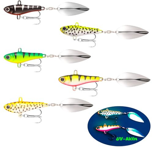 Partideal 5 Stück 2023 UV-Aktiv Jig Spinner Set, 20g Angelköder mit Köderbox, Selbst Leuchtende Jigspinner, Bleikopfspinner für Hecht Barsch Forelle Zander Wels