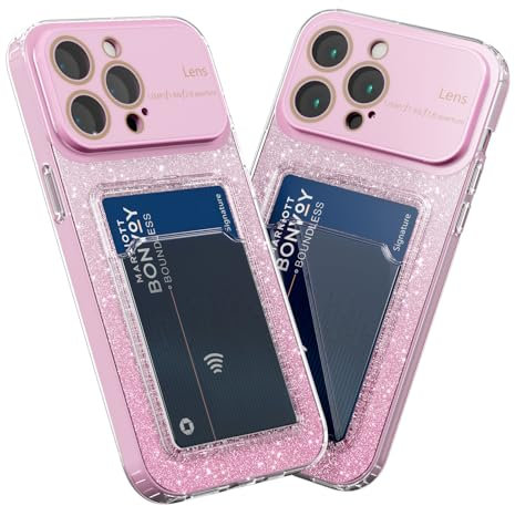 MINUUISCT für Apple iPhone 12 Pro Max Hülle, Bling Glitter Stoßfeste Stoßstange Handyhülle mit Kartenfach, Transparent Shockproof Hülle Weiche TPU Silikon Schutzhülle für Frauen-Rosa