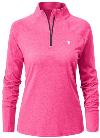 donhobo Sportshirt Damen Langarm Laufshirt Funktionsshirt Atmungsaktiv Sporttop Trainingsshirt Yoga Shirts mit 1/4 Reißverschluss, Rosenrot, M