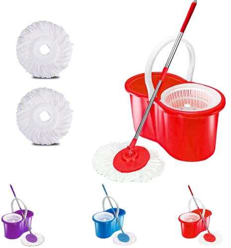Crystals Mop and Bucket Set, Spin Mop for Cleaning Floors with Two Mop Heads, 1 x Mop, 2 x Mop Heads, 1 x Spin Bucket (Red)