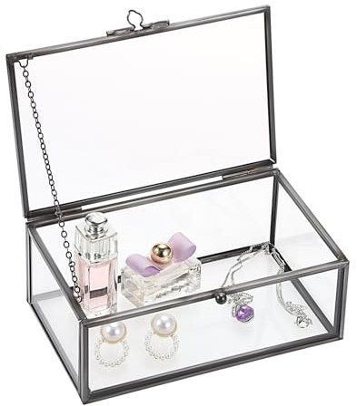 Tolida Joyero rectangular pequeño con tapa de cristal vintage, caja de exhibición de mesa para anillos, pulseras, collares (negro)