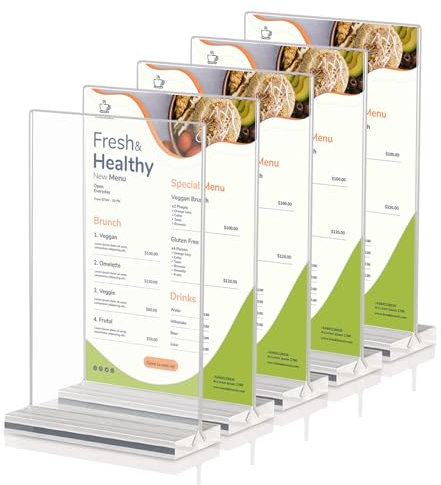 HOMURY Lot de 5 présentoirs de table A5 en acrylique - Porte-cartes de menu en acrylique - Support d'affichage en plastique transparent - Double affichage pour restaurant, café, magasin, hôtel