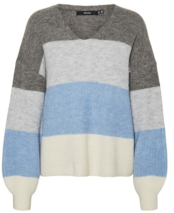 VERO MODA Damen VMDESMA LS V-Neck Pullover GA Boo Strickpullover, Medium Grey Melange/Detail:W. LGM/Allure/Birch, S
