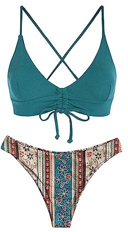 ZAFUL Ethnisch Drucken Gerippt Schnüren Zugezogen Frech Hoher Schnitt Bikini-Set Fest Gepolstert Zwei Stücke Badeanzug Bademode für Damen (5-Blau,S)