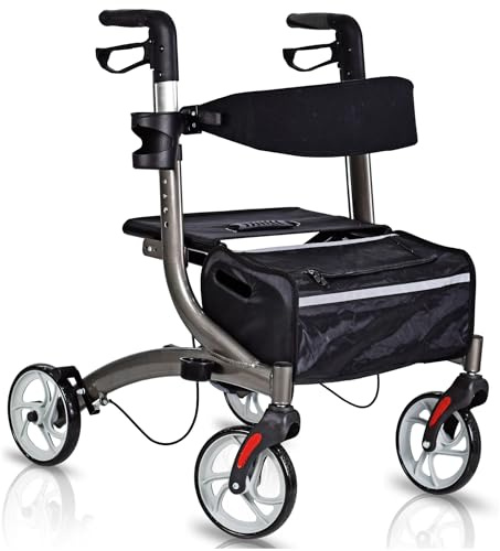 PHARMEDIS - Einkaufswagen Leicht Gehhilfe mit Sitz - Aluminium Seniorenrollator - Rollstuhl für Senioren mit vier Rädern - Männer und Frauen - Schmal Rollator für Wohnung - Indoor und Outdoor